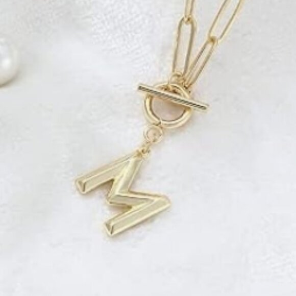 Toggle Clasp Capital M Initial Necklace Plated Brass - Picture 3 of 4